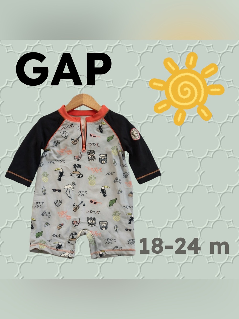 🇺🇸👍GUC GAP |18 m | Unisex NAVY & Light Blue Tropical Print toddler swimsuit